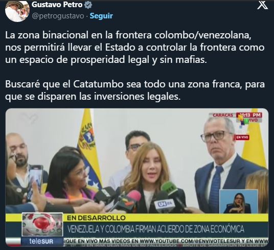 Gran acuerdo comercial entre colombia y venezuela convertira al catatumbo en una zona franca de tamaño mundial Petro Nuestro Santo Salvador Imagen Cortesia X Gustavo Petro