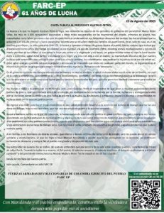 carta de Ivan mordisco a Petro imagen cortesía Caracol Radio