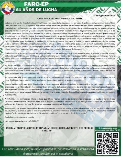 carta de Ivan mordisco a Petro imagen cortesía Caracol Radio